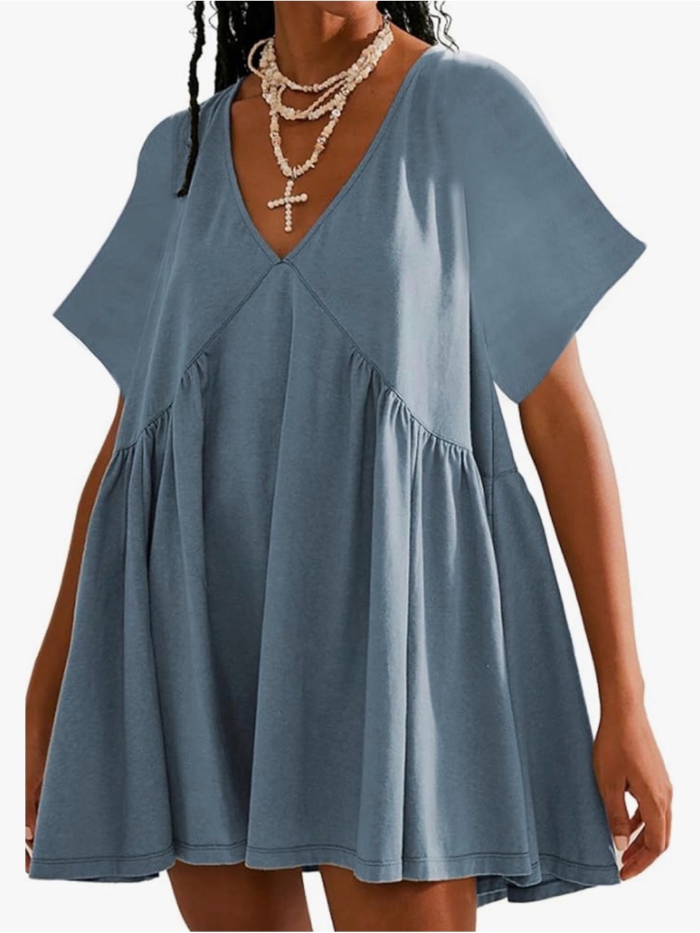 V-Neck Flowy mini Dress in Slate Blue - Women